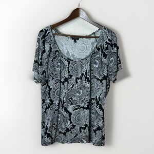 Talbots Pullover Paisley Top Women's‎ XL Black White Scoop Neck Short Sleeve